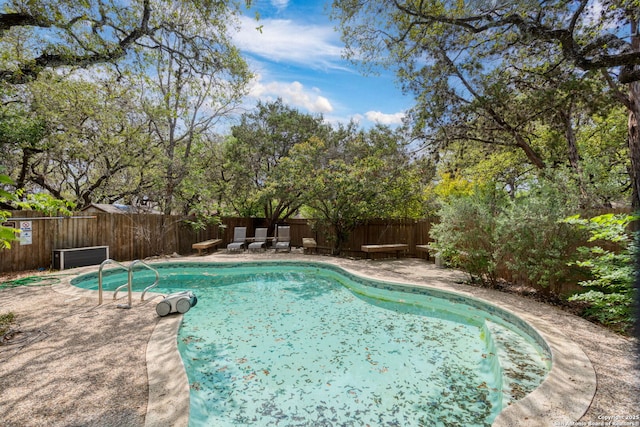 view of swimming pool featuring a fenced backyard, a fenced in pool, and a patio