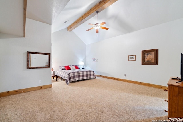 bedroom featuring vaulted ceiling with beams, baseboards, and carpet floors