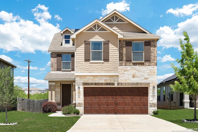 7143 Dulce Mdw, San Antonio, TX 78252 - craftsman house featuring concrete driveway, stone siding, fence, a front yard, and a garage