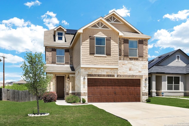 7143 Dulce Mdw, San Antonio, TX 78252 - craftsman-style home featuring driveway, stone siding, roof mounted solar panels, fence, and a front yard