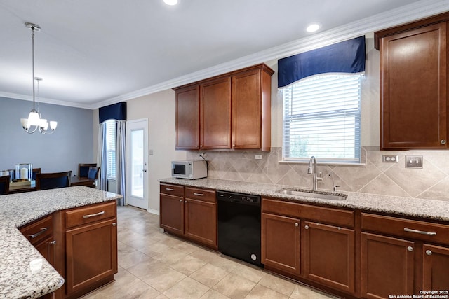 7143 Dulce Mdw, San Antonio, TX 78252 - kitchen featuring a chandelier, ornamental molding, a sink, white microwave, and black dishwasher
