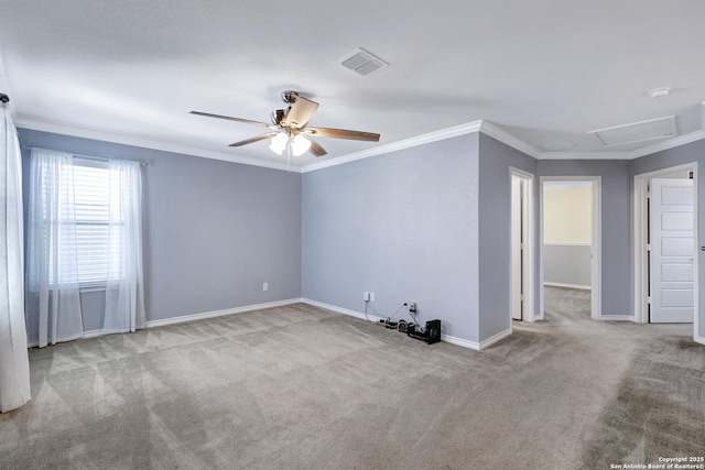 7143 Dulce Mdw, San Antonio, TX 78252 - carpeted spare room featuring attic access, baseboards, visible vents, a ceiling fan, and crown molding