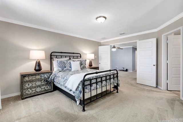 7143 Dulce Mdw, San Antonio, TX 78252 - bedroom with baseboards, crown molding, carpet flooring, and visible vents