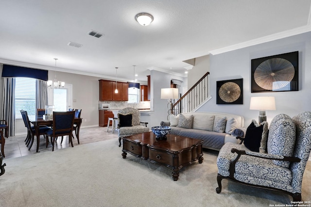 7143 Dulce Mdw, San Antonio, TX 78252 - living area featuring a chandelier, visible vents, stairs, and ornamental molding