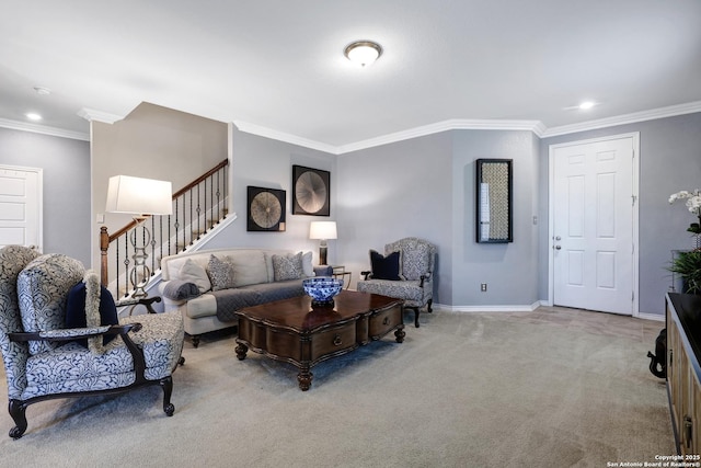 7143 Dulce Mdw, San Antonio, TX 78252 - living area featuring light colored carpet, baseboards, ornamental molding, and stairway