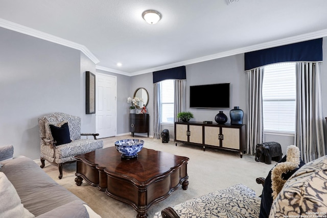 7143 Dulce Mdw, San Antonio, TX 78252 - living room featuring light carpet, baseboards, and crown molding