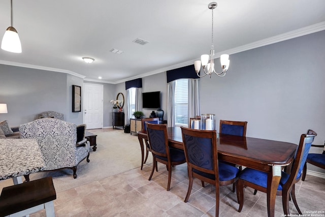 7143 Dulce Mdw, San Antonio, TX 78252 - dining area featuring visible vents, light carpet, light tile patterned flooring, crown molding, and a notable chandelier