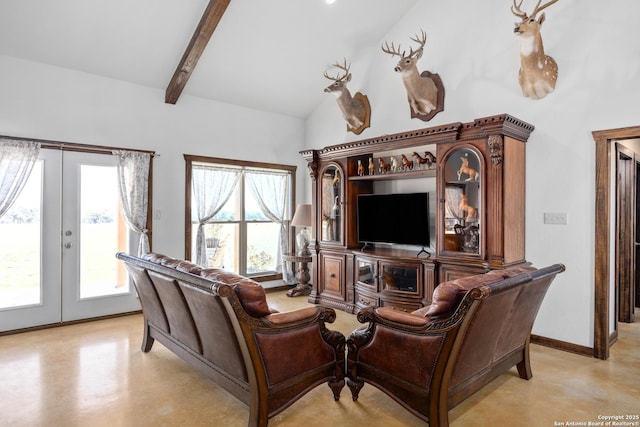 living room featuring french doors, beam ceiling, and high vaulted ceiling
