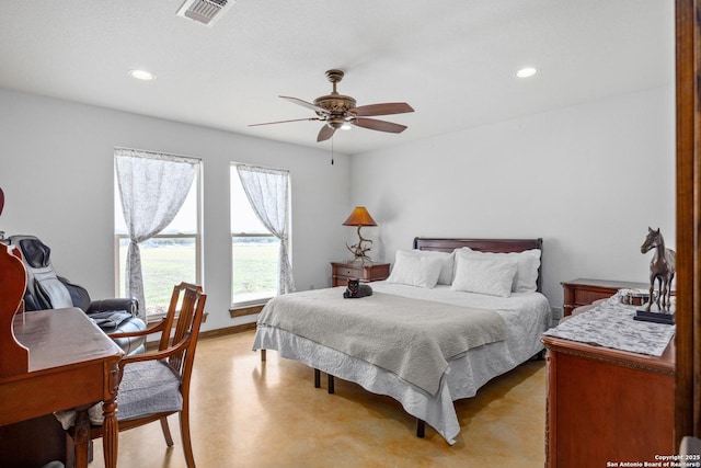 bedroom featuring recessed lighting, ceiling fan, visible vents, and light carpet