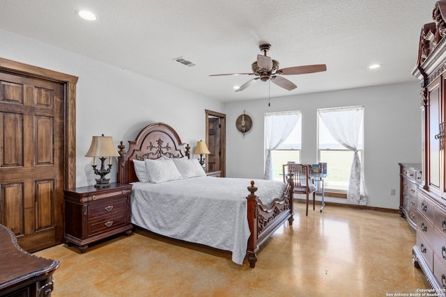 bedroom featuring baseboards, a ceiling fan, visible vents, and recessed lighting