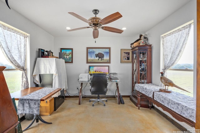 office area with a ceiling fan and recessed lighting