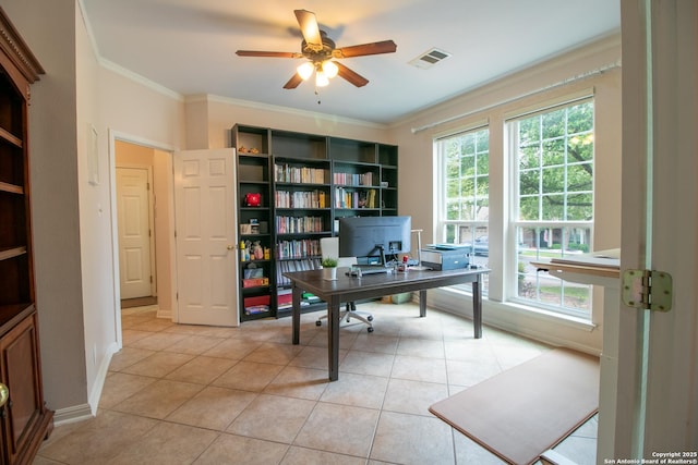 511 Mesa Rdg, San Antonio, TX 78258 - office area with visible vents, a ceiling fan, ornamental molding, and light tile patterned floors