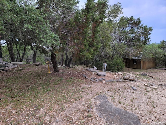 view of yard with an outbuilding and a shed