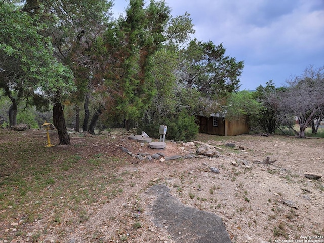 view of yard featuring an outdoor structure and a shed