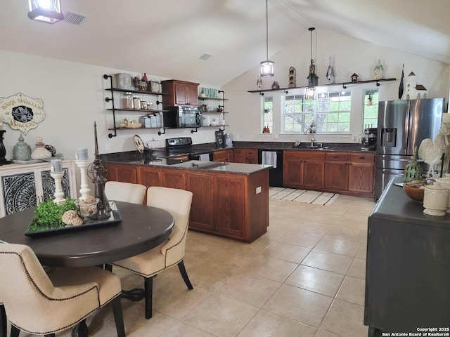kitchen with lofted ceiling with beams, a sink, dark countertops, open shelves, and black appliances