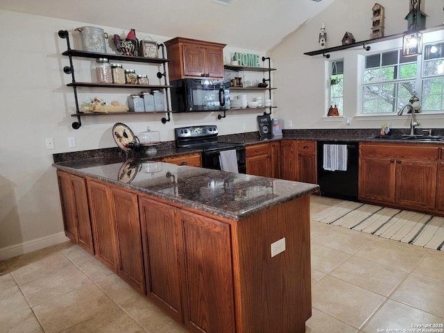 interior space featuring a peninsula, a sink, lofted ceiling, open shelves, and black appliances