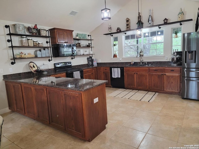 bar with vaulted ceiling, a sink, black appliances, light tile patterned floors, and visible vents