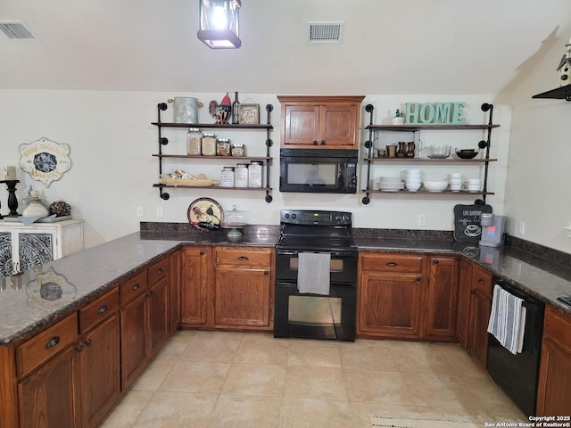 kitchen featuring open shelves, visible vents, a peninsula, and black appliances