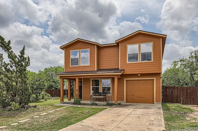 5402 Palamon Farm, San Antonio, TX 78228 - view of front of home featuring a front lawn, a porch, concrete driveway, fence, and an attached garage