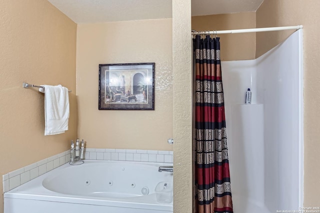 5402 Palamon Farm, San Antonio, TX 78228 - full bathroom with a whirlpool tub, a textured wall, and a shower with curtain