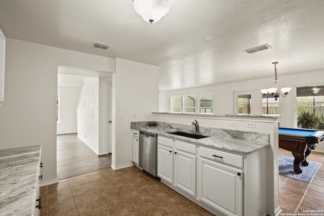 kitchen with visible vents, stainless steel dishwasher, a sink, pool table, and a peninsula