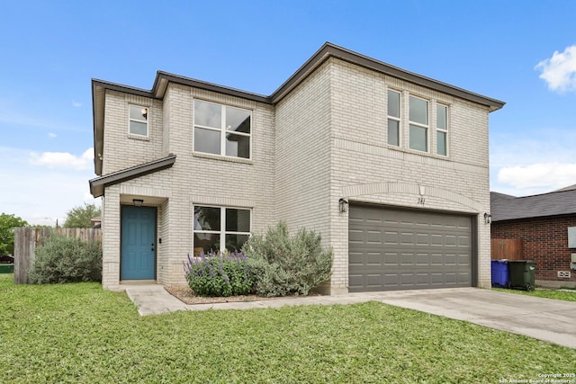 traditional home with concrete driveway, fence, a garage, and brick siding