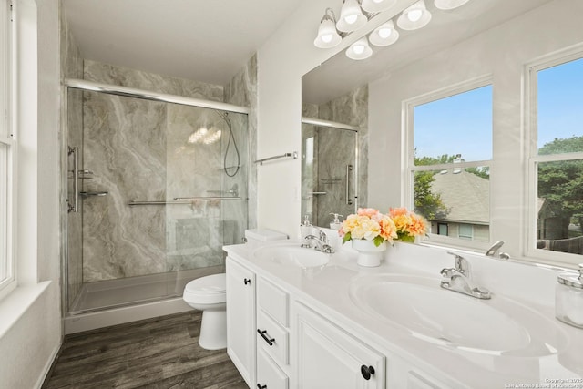 full bath with double vanity, toilet, a marble finish shower, and a sink