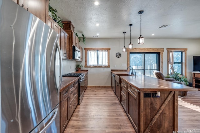 841 Postert, Floresville, TX 78114 - kitchen with a peninsula, appliances with stainless steel finishes, a sink, and light wood finished floors
