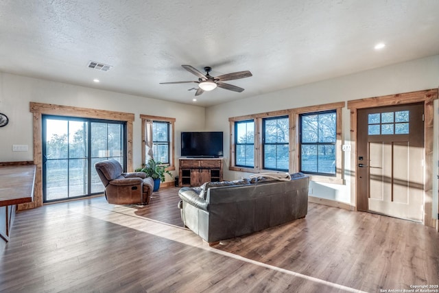 841 Postert, Floresville, TX 78114 - living room featuring ceiling fan, wood finished floors, visible vents, and recessed lighting