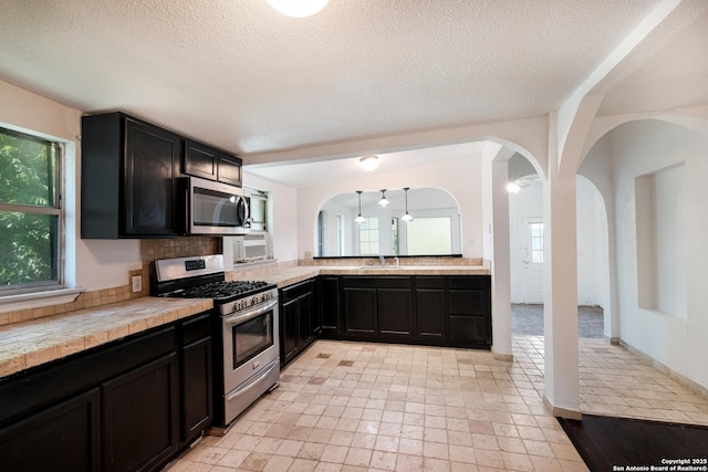 kitchen with backsplash, stainless steel appliances, dark cabinets, and a sink