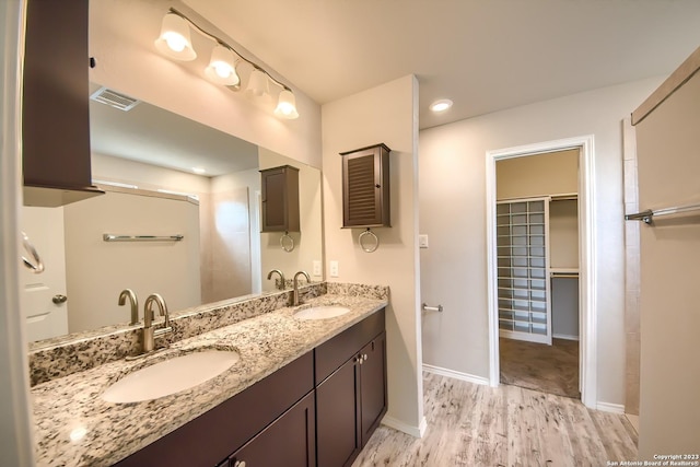 bathroom featuring a spacious closet, wood finished floors, a sink, and double vanity
