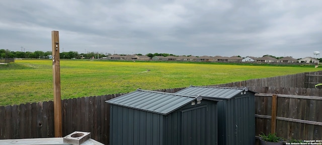 view of shed with a fenced backyard and a residential view