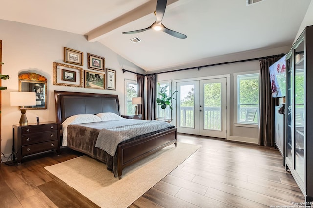 bedroom with wood finished floors, lofted ceiling with beams, french doors, access to exterior, and visible vents