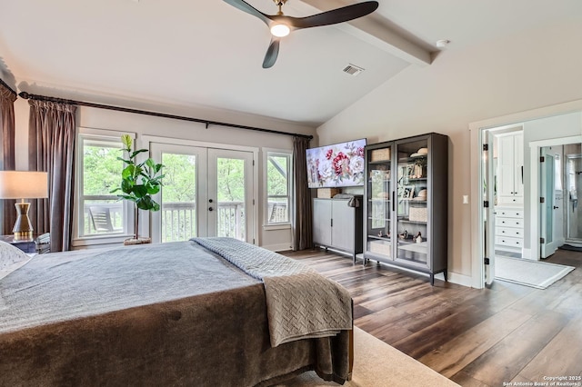 bedroom featuring wood finished floors, french doors, access to outside, and multiple windows