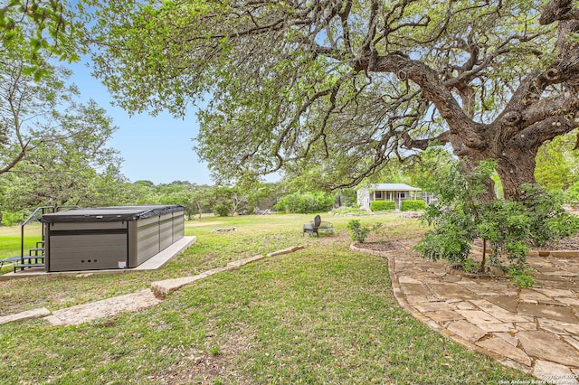 view of yard with a hot tub