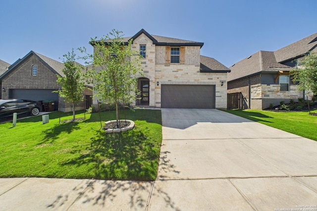 french provincial home with stone siding, a front lawn, and concrete driveway