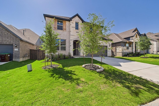 view of front of house with a residential view, driveway, fence, brick siding, and a front yard