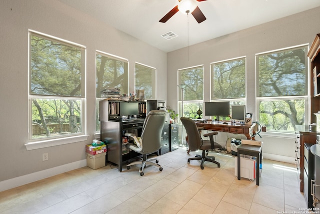 30336 Setterfeld Cir, Fair Oaks Ranch, TX 78015 - office area with visible vents, baseboards, ceiling fan, and light tile patterned floors
