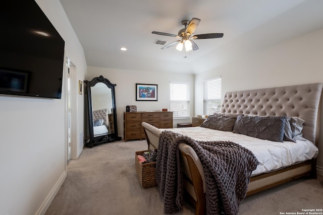 bedroom with light colored carpet, baseboards, visible vents, and recessed lighting