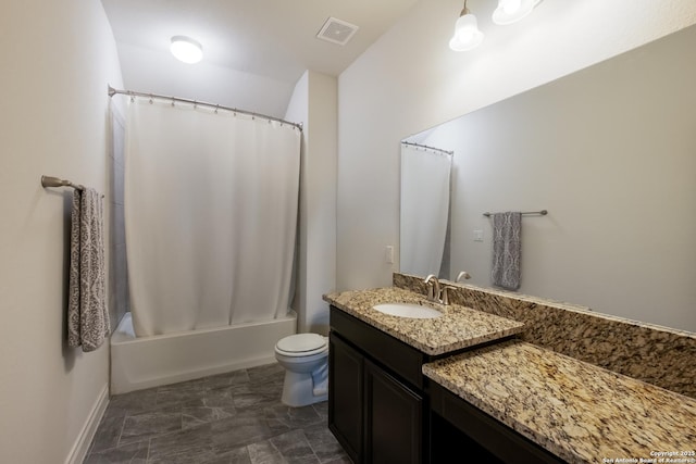 full bath with shower / tub combo, toilet, vanity, and visible vents