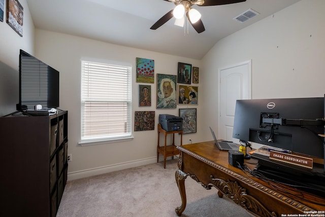 office area with plenty of natural light, visible vents, light colored carpet, and ceiling fan
