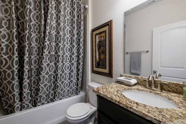 full bathroom with shower / bath combination with curtain, visible vents, vanity, and toilet
