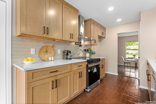 3102 Mindoro, San Antonio, TX 78217 - kitchen featuring wall chimney exhaust hood, tasteful backsplash, electric range, and baseboards