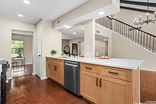 3102 Mindoro, San Antonio, TX 78217 - kitchen featuring dishwasher, visible vents, a sink, brick floor, and baseboards