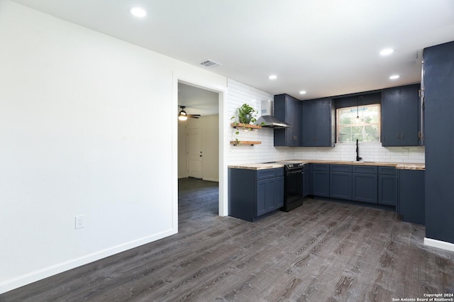 kitchen with wall chimney exhaust hood, tasteful backsplash, black electric range oven, open shelves, and light countertops