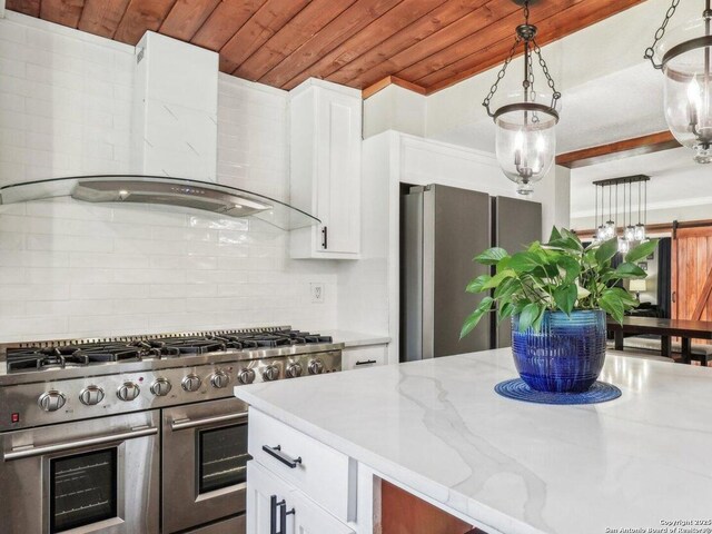 kitchen featuring white cabinetry, wall chimney range hood, wood ceiling, light stone countertops, and appliances with stainless steel finishes
