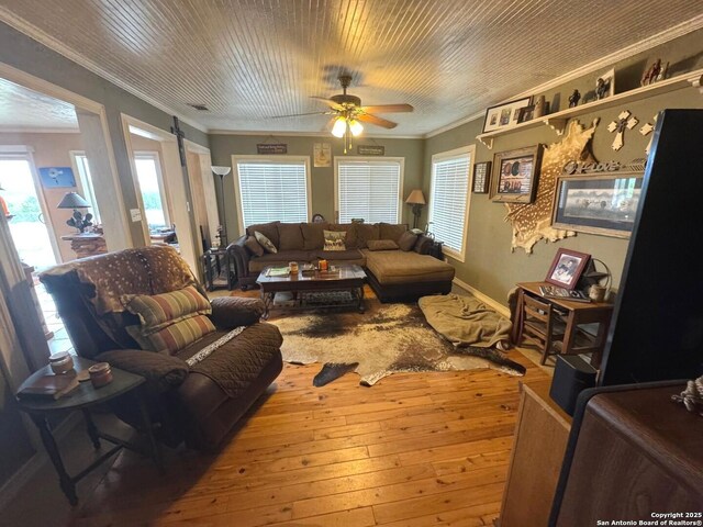living area featuring crown molding, wood-type flooring, a ceiling fan, and visible vents