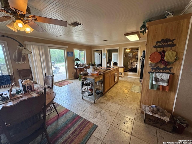 kitchen with ceiling fan, visible vents, refrigerator, a sink, and stone tile floors