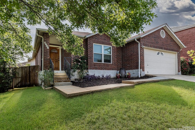 view of front of home featuring a front lawn, driveway, an attached garage, fence, and brick siding