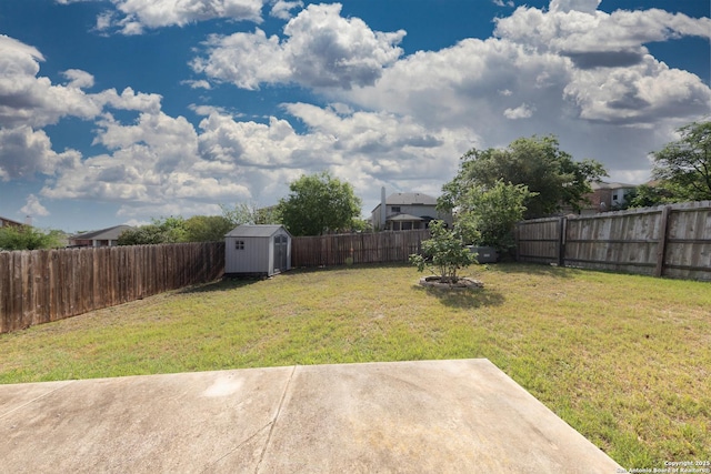 view of yard with a fenced backyard, an outdoor structure, a patio area, and a shed
